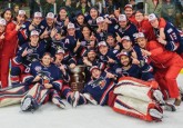 The Brooks Bandits celebrate their third AJHL title in team history. (Photo courtesy of the Brooks Bandits)