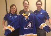 (From left) Team Alberta Head Coach Carla Macleod, Goalie/Video Coach Amanda Tapp, and Assistant Coach Cassea Schols.
