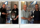 From left: Doug Brown receives the Dave Ganley award from Dave Ganley, Mike Rebus receives his Officials Lifetime Member ring from Curtis Nichols, and Darren Kuz presents Darren Pickering with his North Central Zone Award.