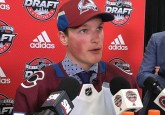 Brooks Bandits defenceman Cale Makar speaks to the media after being selected in the first round, fourth overall by the Colorado Avalanche (Photo credit: College Hockey Inc.)