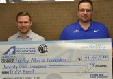 Piper Creek Optimist Club of Red Deer’s Past President Kevin Walsh (left), with Hockey Alberta Foundation Executive Director Tim Leer.