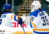 Image: Team Alberta player Molly Hamilton (left) fist bumps Team Alberta Goaltender Alyssa Barrette (right) after a goal