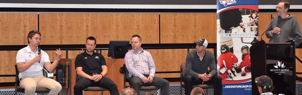 Saturday night’s hot stove panel (from left): Kalle Valiaho (Finnish Ice Hockey Association), Kyle Rehman (NHL Official), Justin Fesyk (Hockey Alberta), Brad Lukowich (former NHL player), and moderator Rob Kerr (Sportsney 960 The Fan).