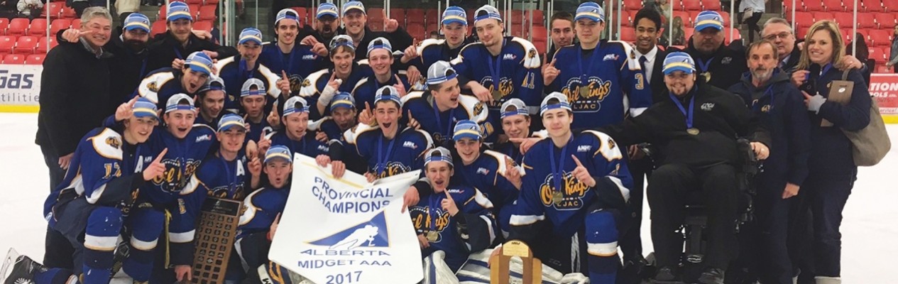 The Leduc Chrysler Oil Kings celebrate their Midget AAA Provincial Championship win on home ice in March.