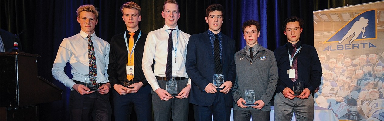 (From left) Alberta Cup All-Stars Garin Bjorklund, Kaiden Guhle, Luke Prokop, Krz Plummer, Kyle Crnkovic and Ethan Rowland were all selected in the 2017 WHL Bantam Draft. Guhle was the first overall selection, going to the Prince Albert Raiders. Photo cre