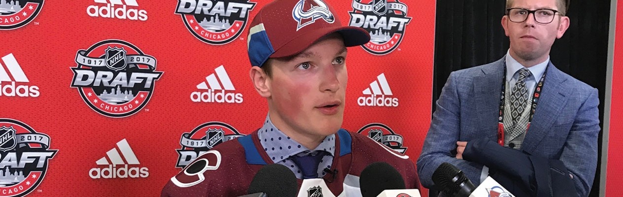 Brooks Bandits defenceman Cale Makar speaks to the media after being selected in the first round, fourth overall by the Colorado Avalanche (Photo credit: College Hockey Inc.)